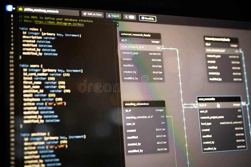 Code editor and database schema diagram displayed on a dark screen