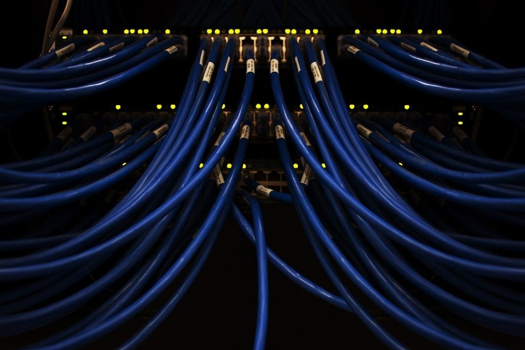 Blue network cables connected to illuminated server rack ports