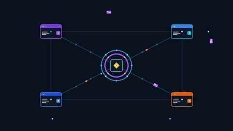 Four data nodes exchange signals around a central deduplication symbol
