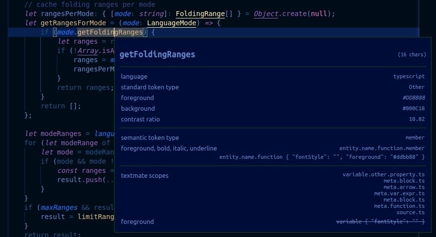 TypeScript code editor showing a getFoldingRanges tooltip